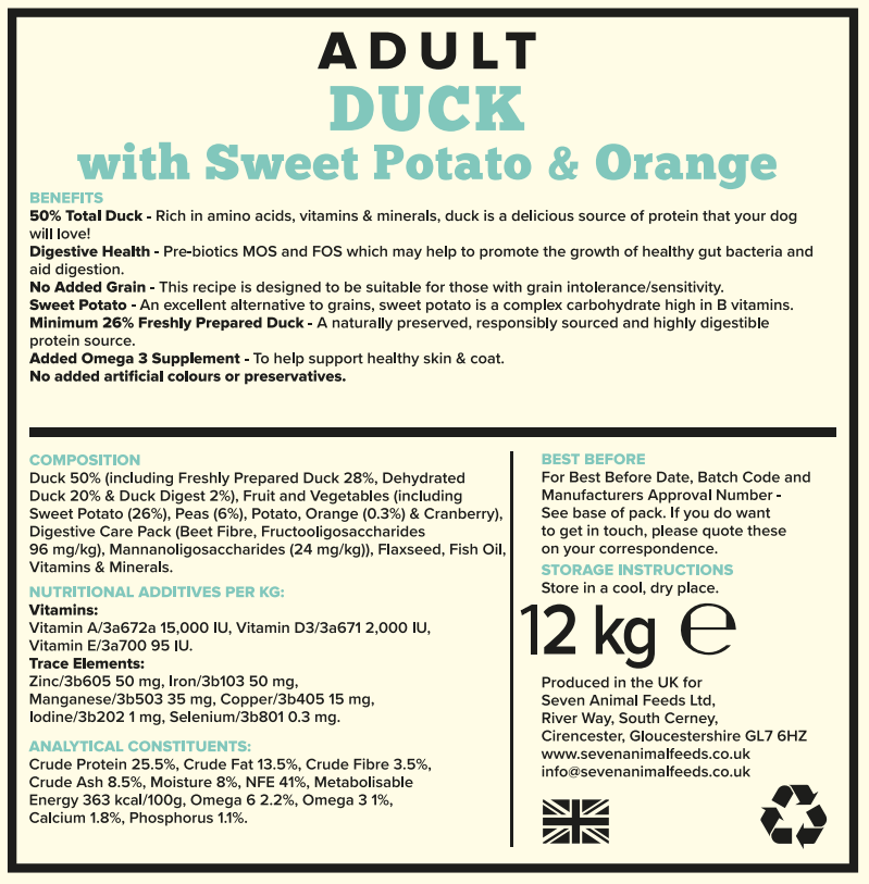 Seven Adult Duck, Sweet Potato & Orange 12kg